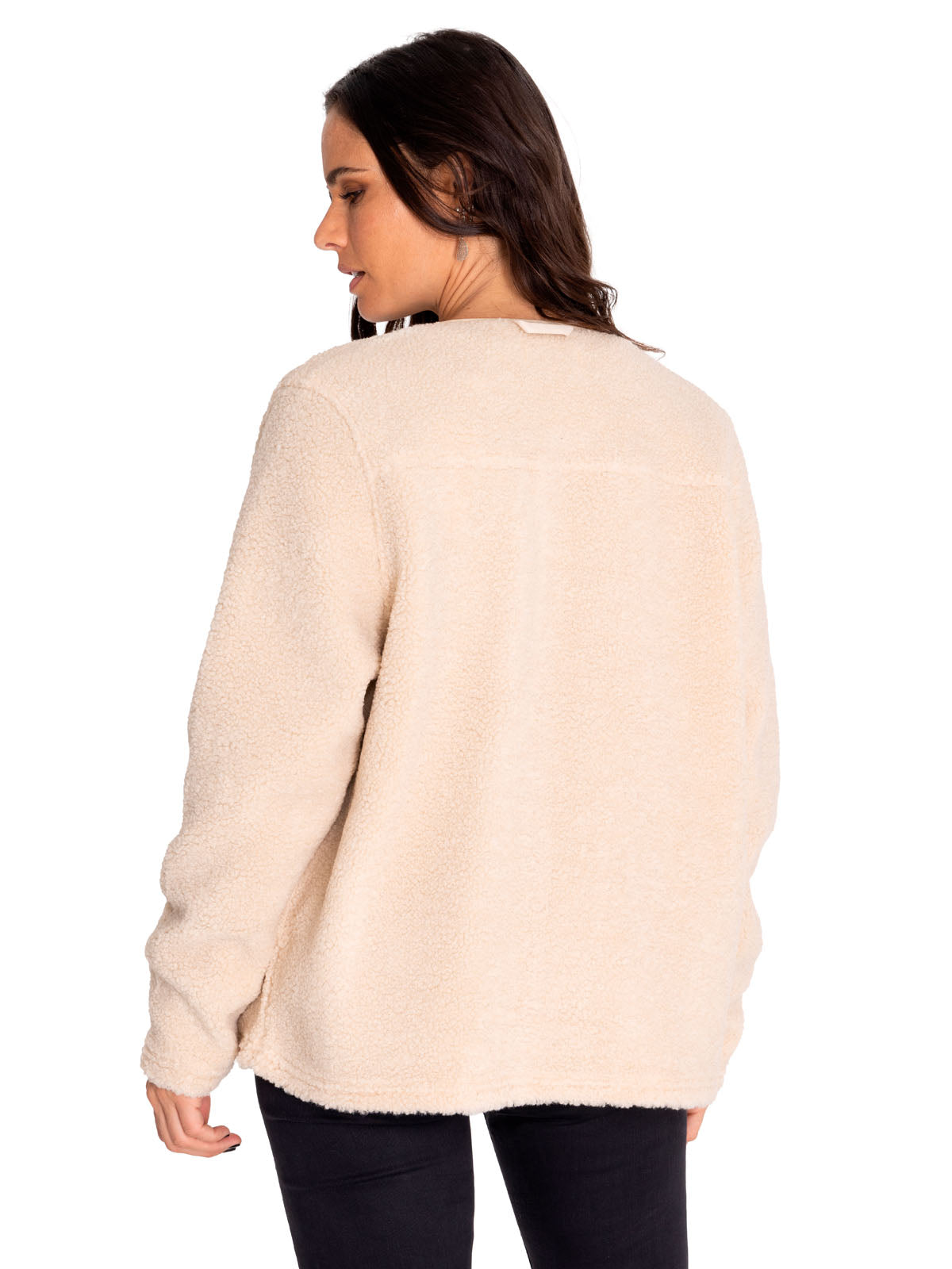 Polar Casual Mujer Long Button Front Sherpa Jacket Beige/Crudo Cat