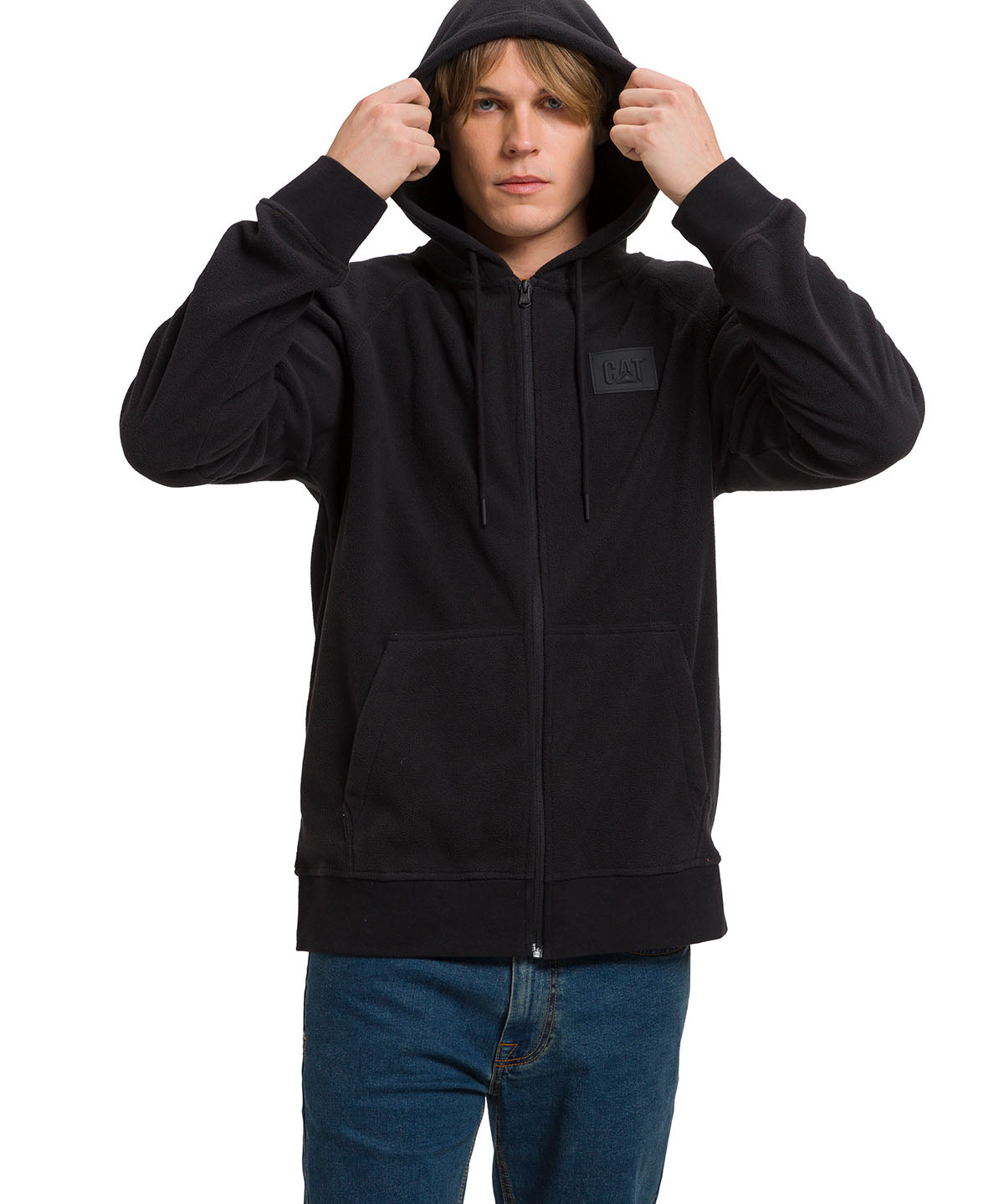 Polar Manga Larga Unisex Microfleece Full Zip Hoodie Negro Cat