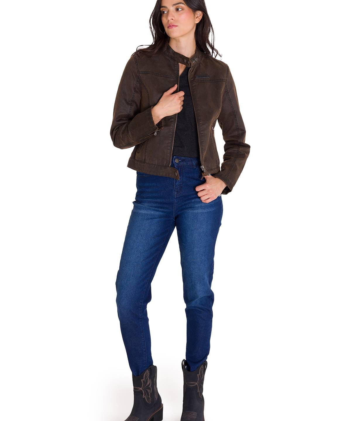 Chaqueta Manga Larga Casual Mujer WAXED MOTO Café Oscura Cat