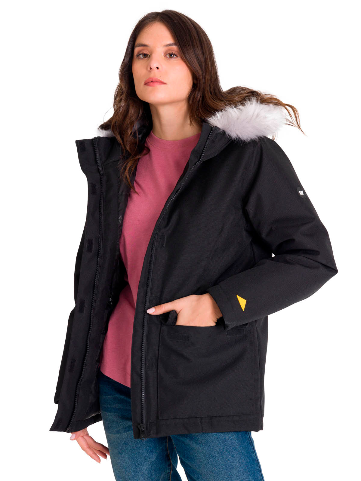 Chaqueta Manga Larga Casual Mujer MEDIUMWEIGHT INSULATED FAUX FUR HOODED Negra Cat