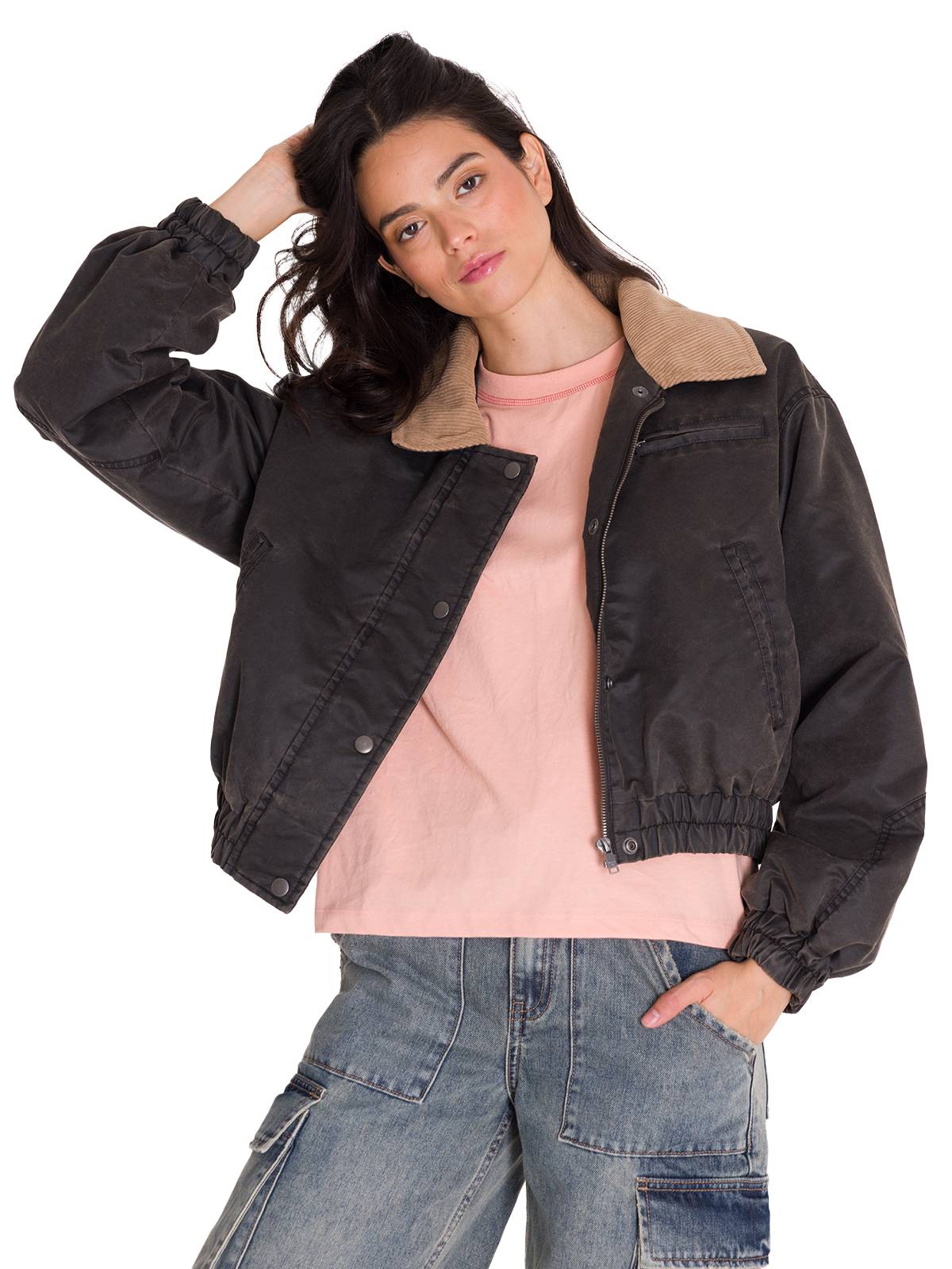 Chaqueta Manga Larga Mujer WAXED TWILL CROPPED BOMBER JACKET Gris Oscura Cat