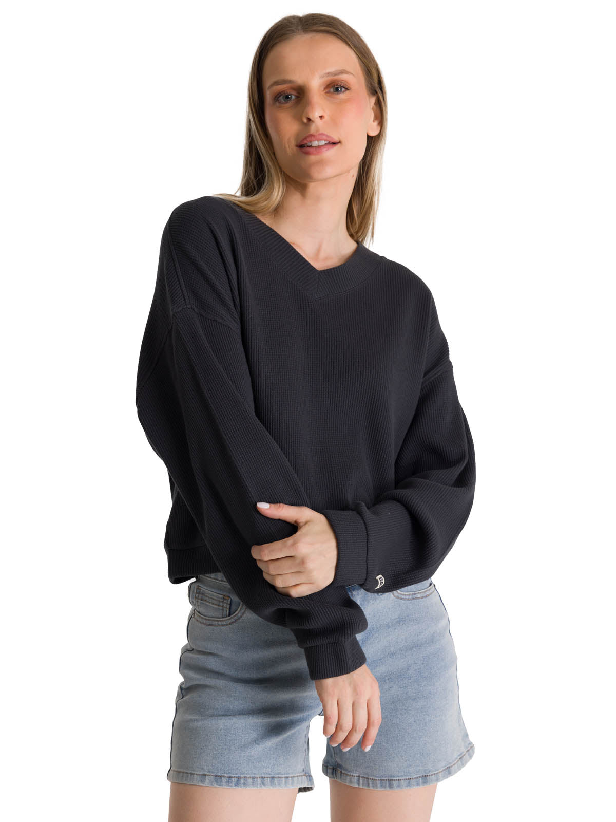 Polerón Cuello en V Mujer Oversize Waffle Grafito CAT