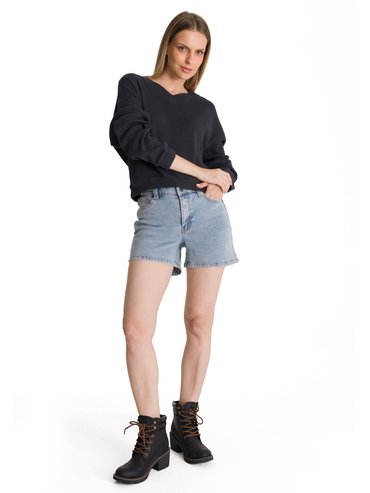 Polerón Cuello en V Mujer Oversize Waffle Grafito CAT
