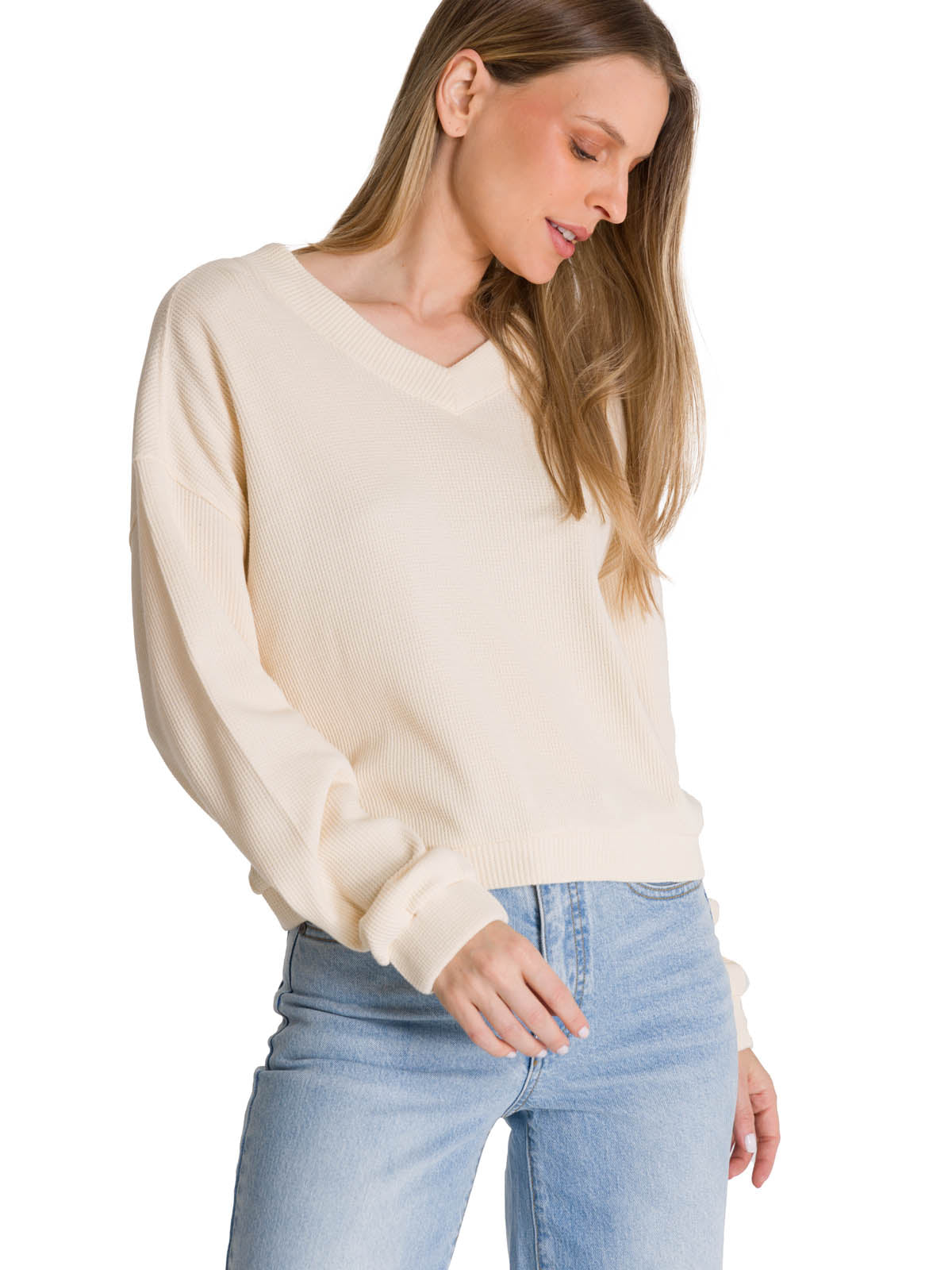 Polerón Cuello en V Mujer Oversize Waffle Blanco CAT