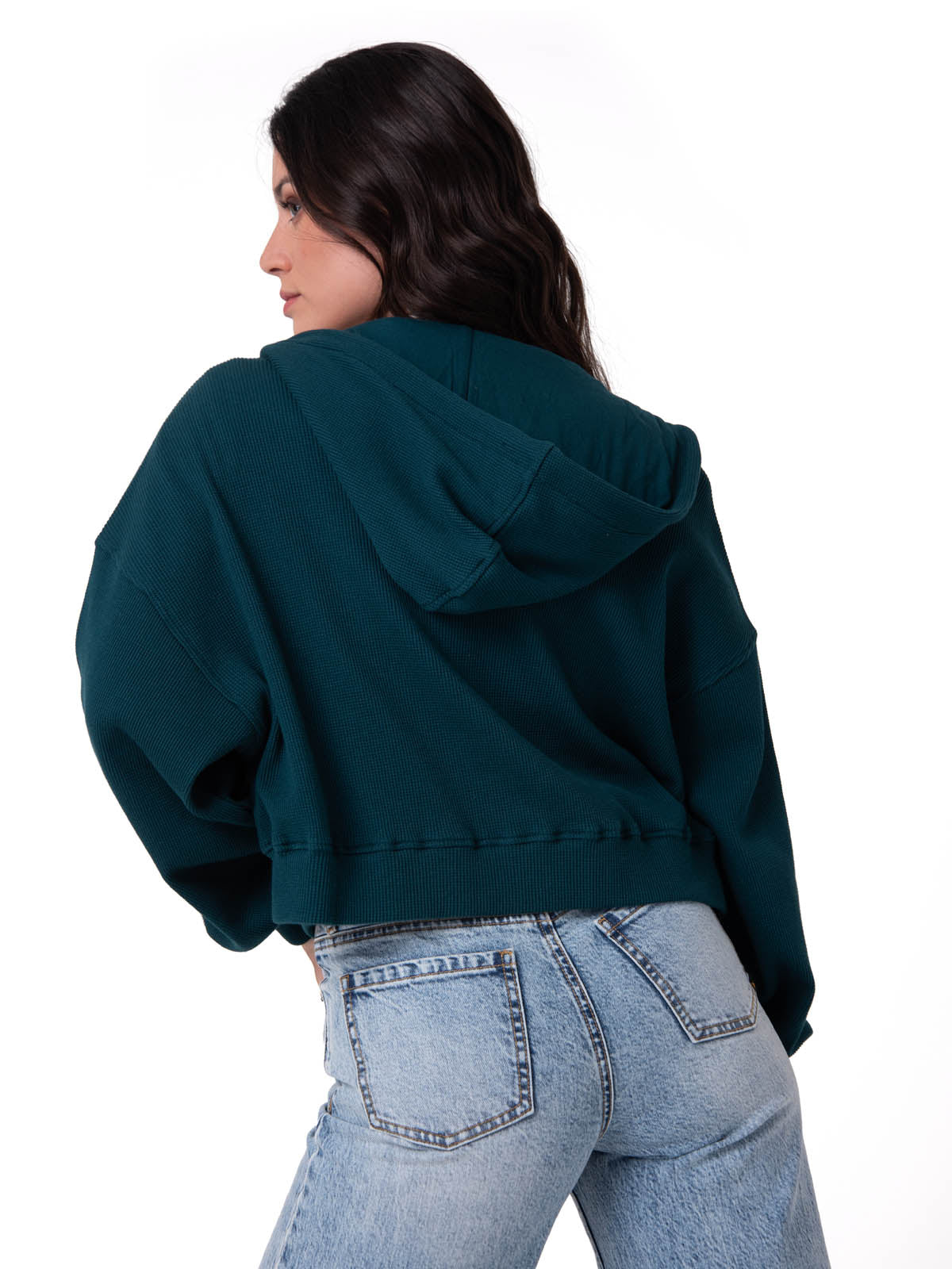Polerón Con Gorro Mujer Waffle-Knit Cropped Verde Oscuro Cat