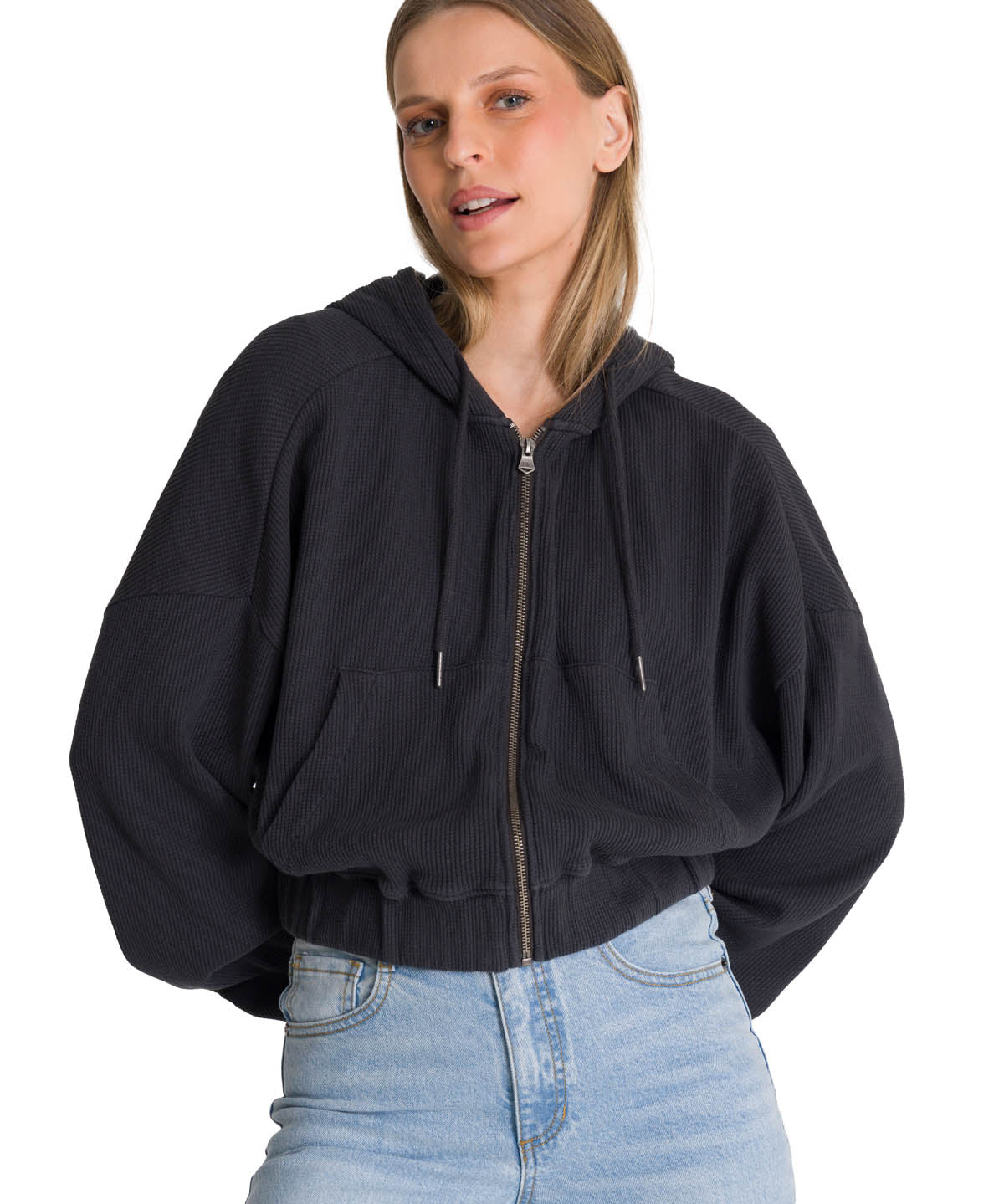 Polerón Con Gorro Mujer Waffle-Knit Grafito CAT