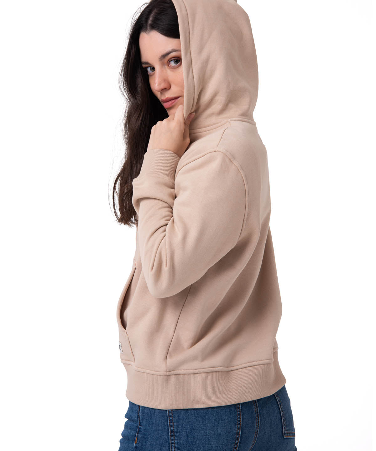 Polerón Con Gorro Mujer Patch Full Zip Beige Cat