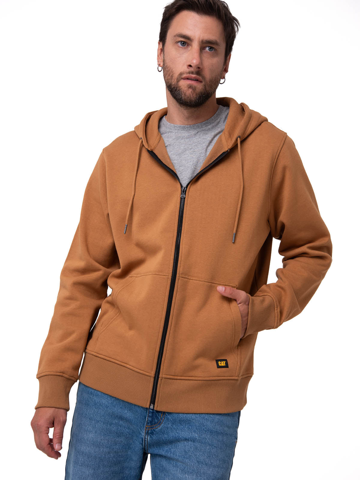 Polerón Con Gorro Hombre CAT Patch Full Zip Café Cat