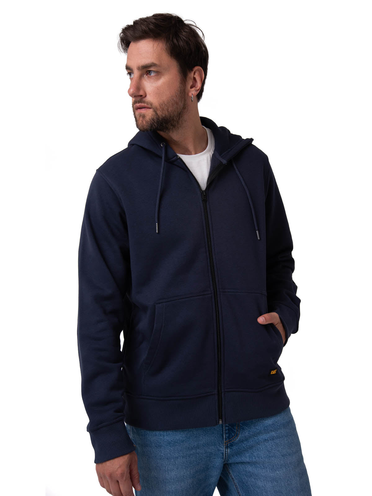 Polerón Con Gorro Hombre CAT Patch Full Zip Azul Oscuro Cat