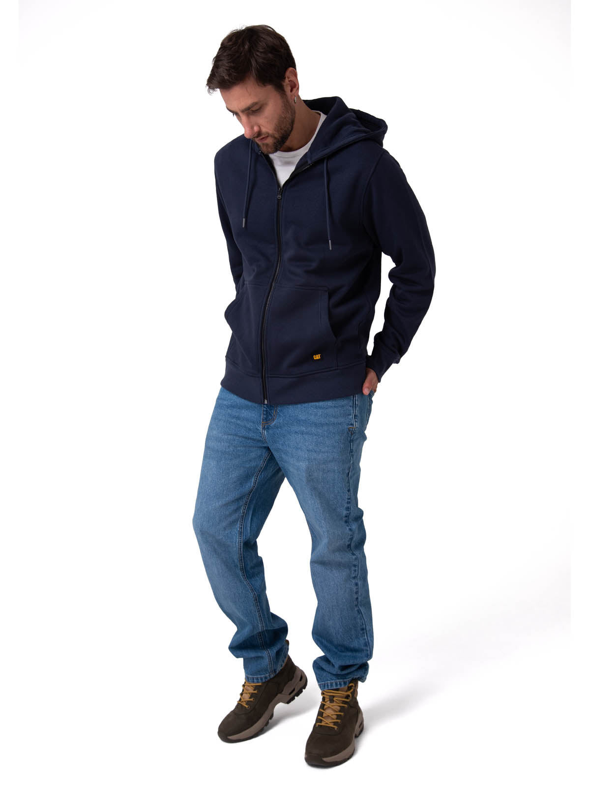 Polerón Con Gorro Hombre CAT Patch Full Zip Azul Oscuro Cat