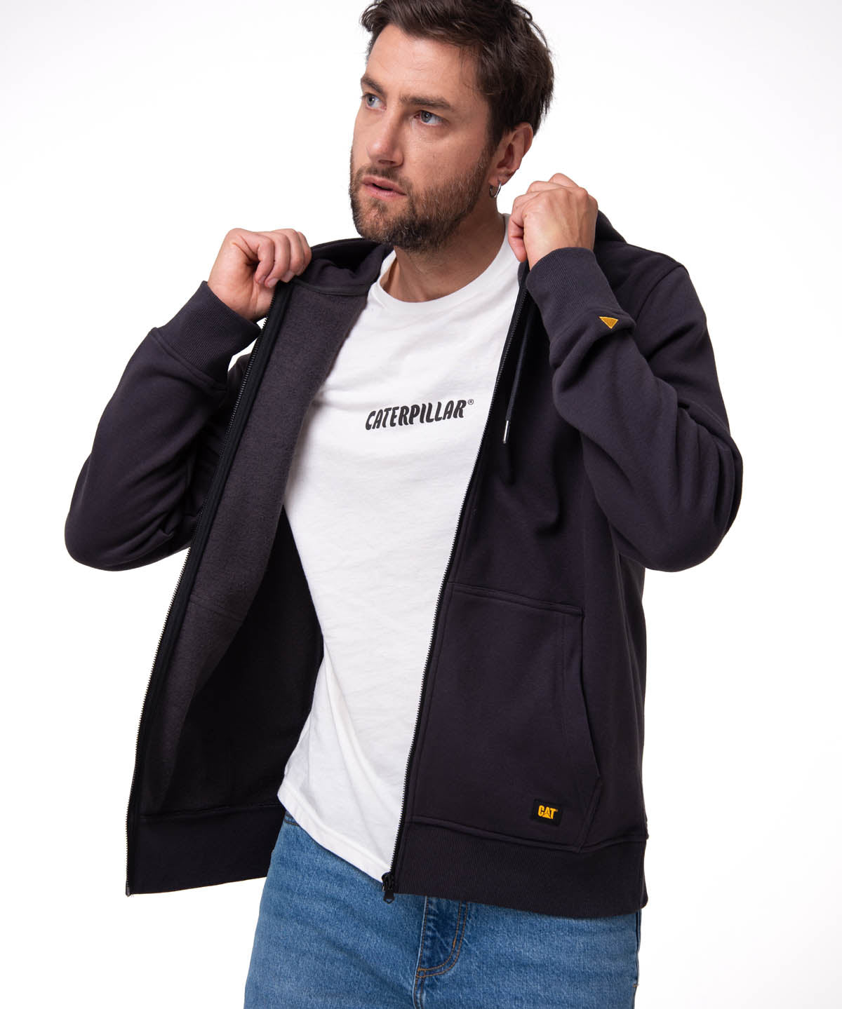 Polerón Con Gorro Hombre CAT Patch Full Zip Negro Cat