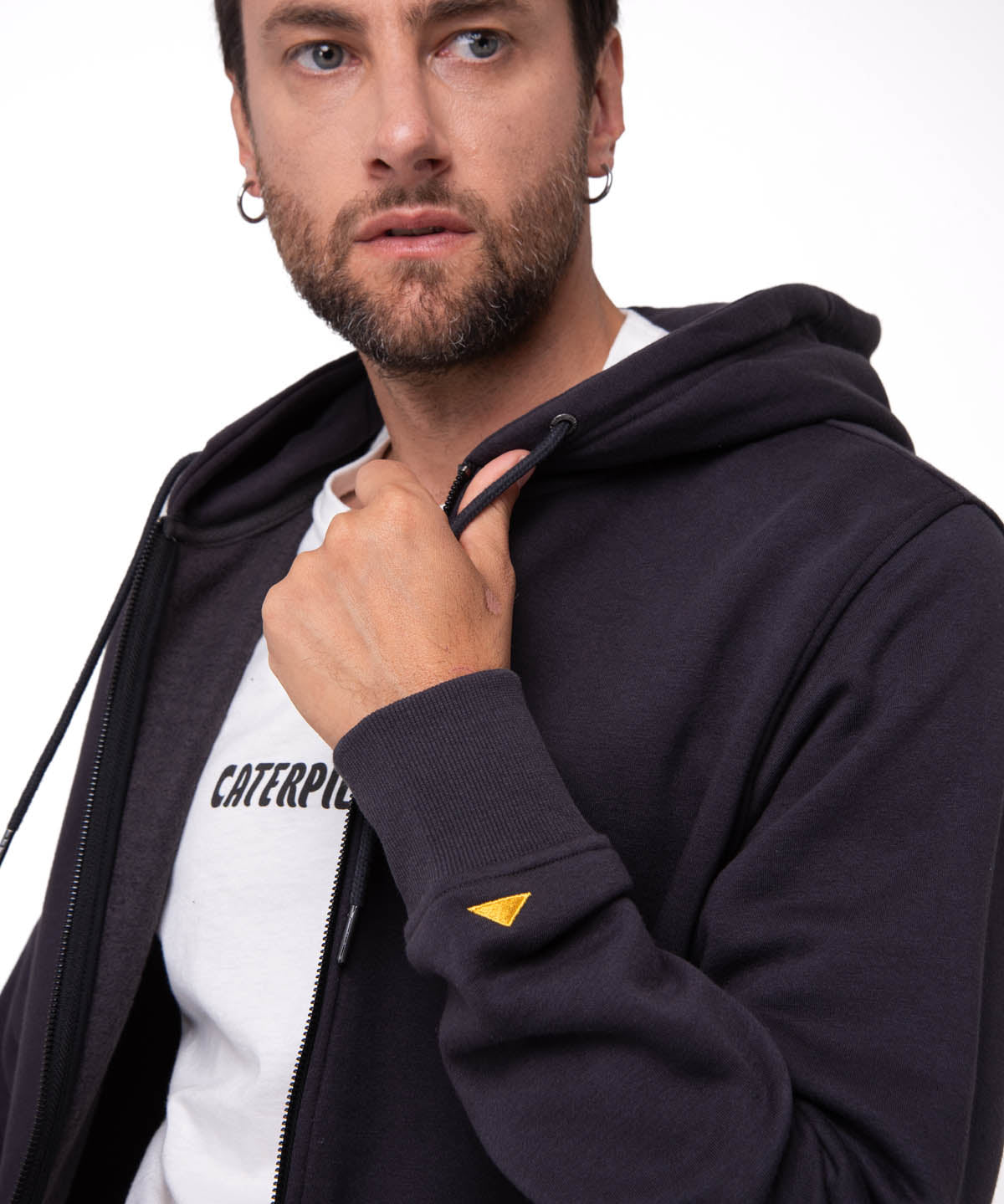 Polerón Con Gorro Hombre CAT Patch Full Zip Negro Cat