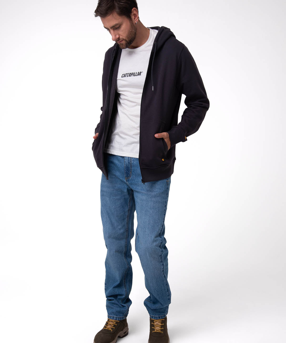 Polerón Con Gorro Hombre CAT Patch Full Zip Negro Cat