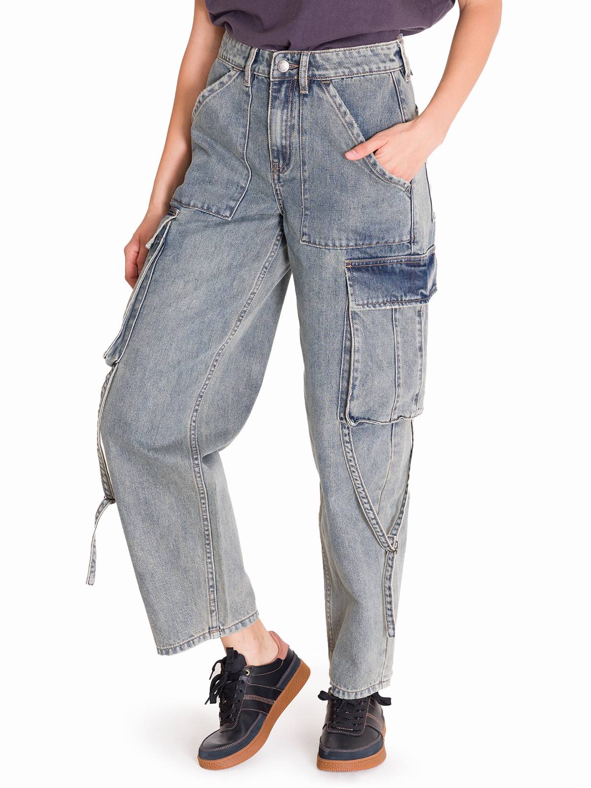 Jeans Tiro Alto Mujer RIGID DENIM EXAGGERATED CARGO Gris Claro Cat