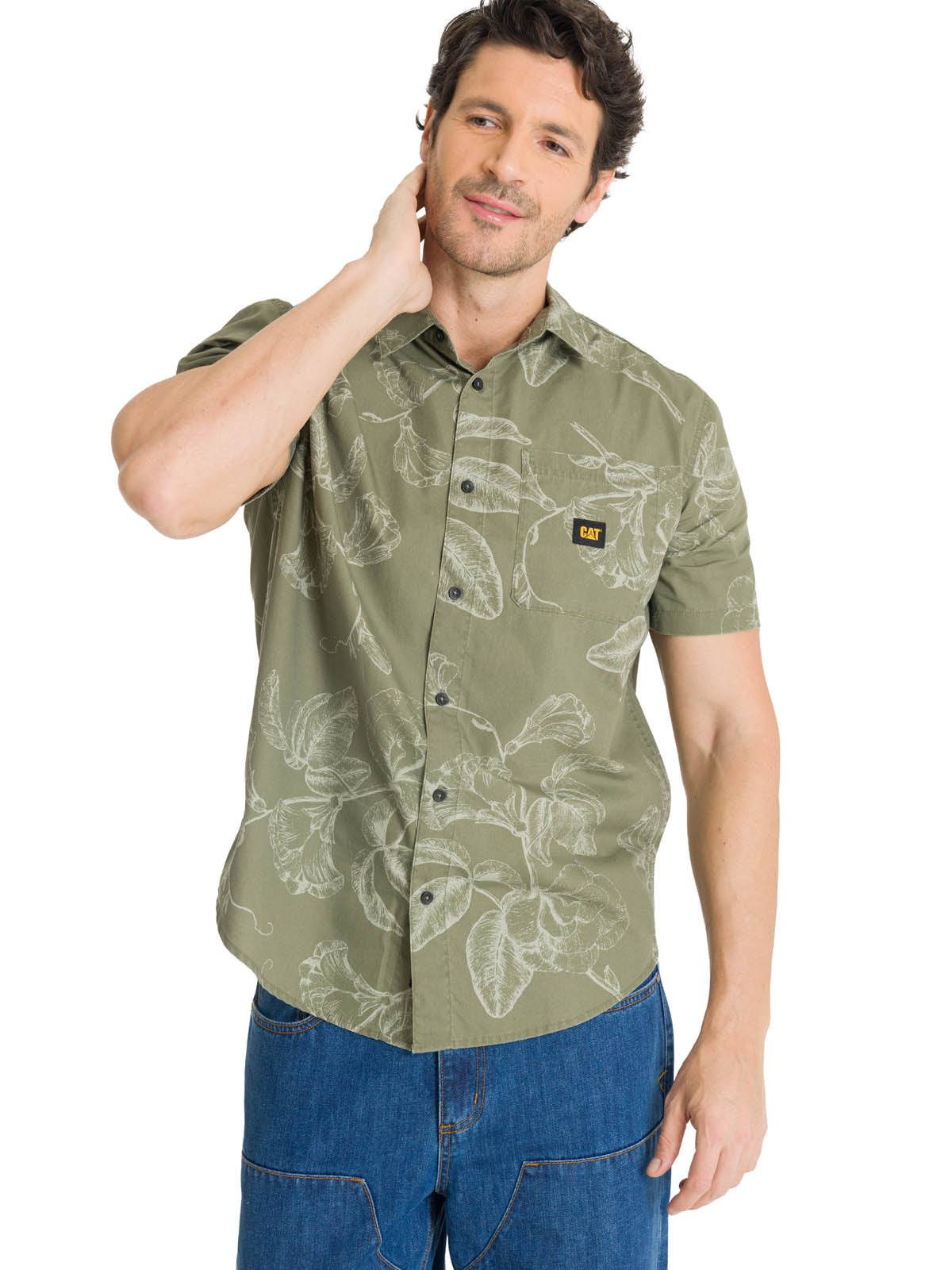 Camisa Manga Corta Hombre Relaxed Poplin Verde CAT