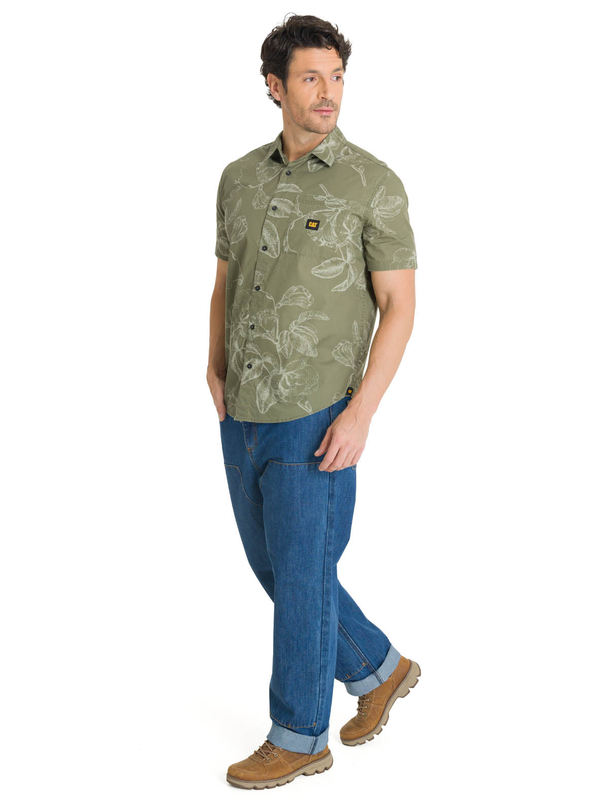 Camisa Manga Corta Hombre Relaxed Poplin Verde CAT
