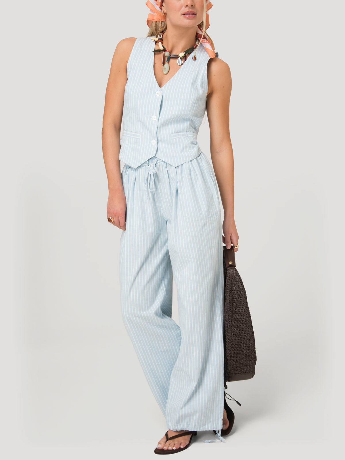 Pantalón Mujer Lino Celeste BSoulxRKF
