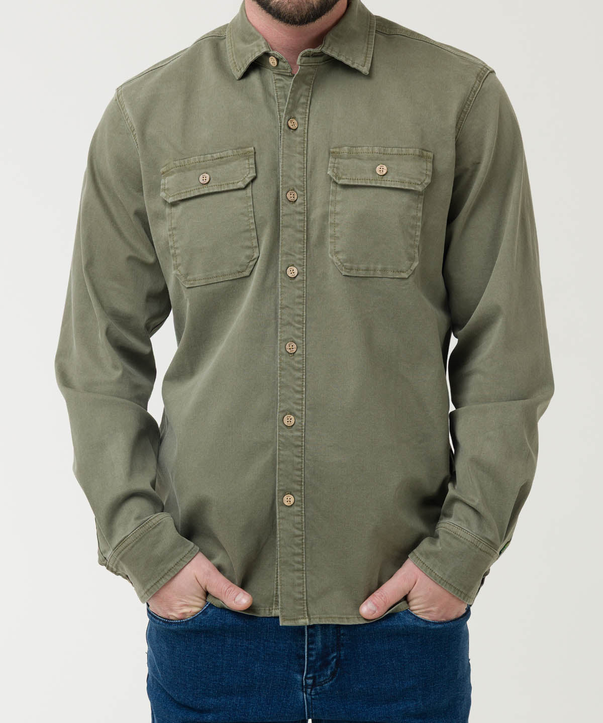 Camisa Algodón Hombre Denim Verde Rockford