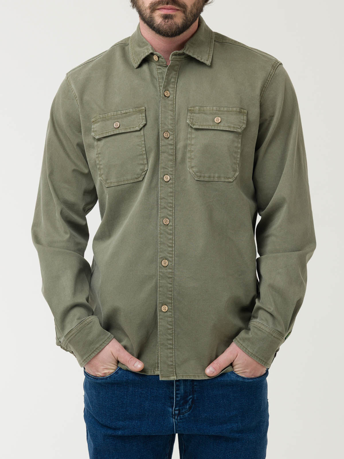 Camisa Algodón Hombre Denim Verde Rockford