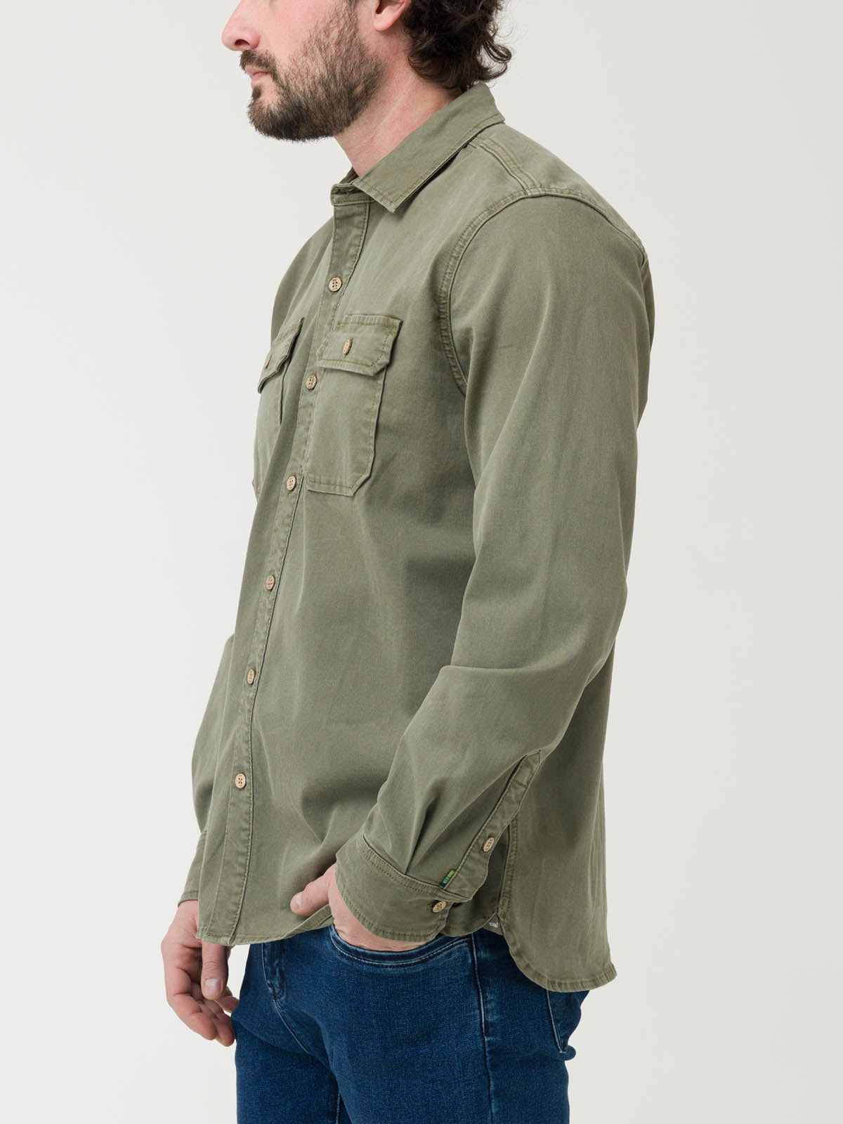 Camisa Algodón Hombre Denim Verde Rockford