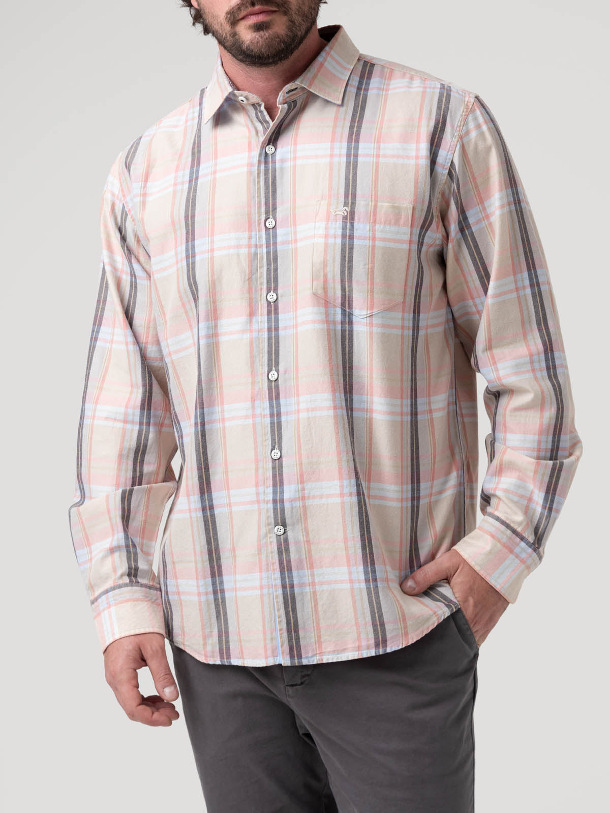Camisa Algodón Orgánico Hombre Arbed Beige Cuadrillé Rockford