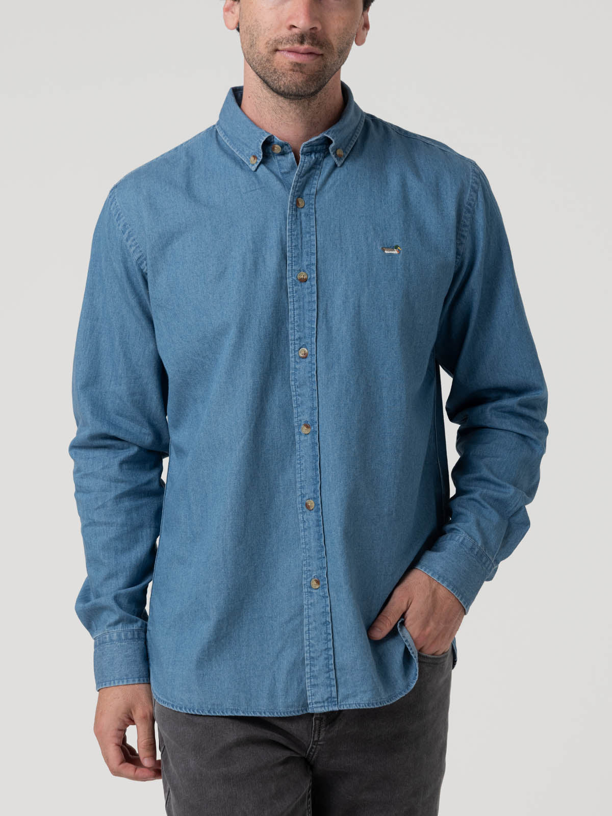 Camisa Algodón Orgánico Hombre Chambray Café Rockford