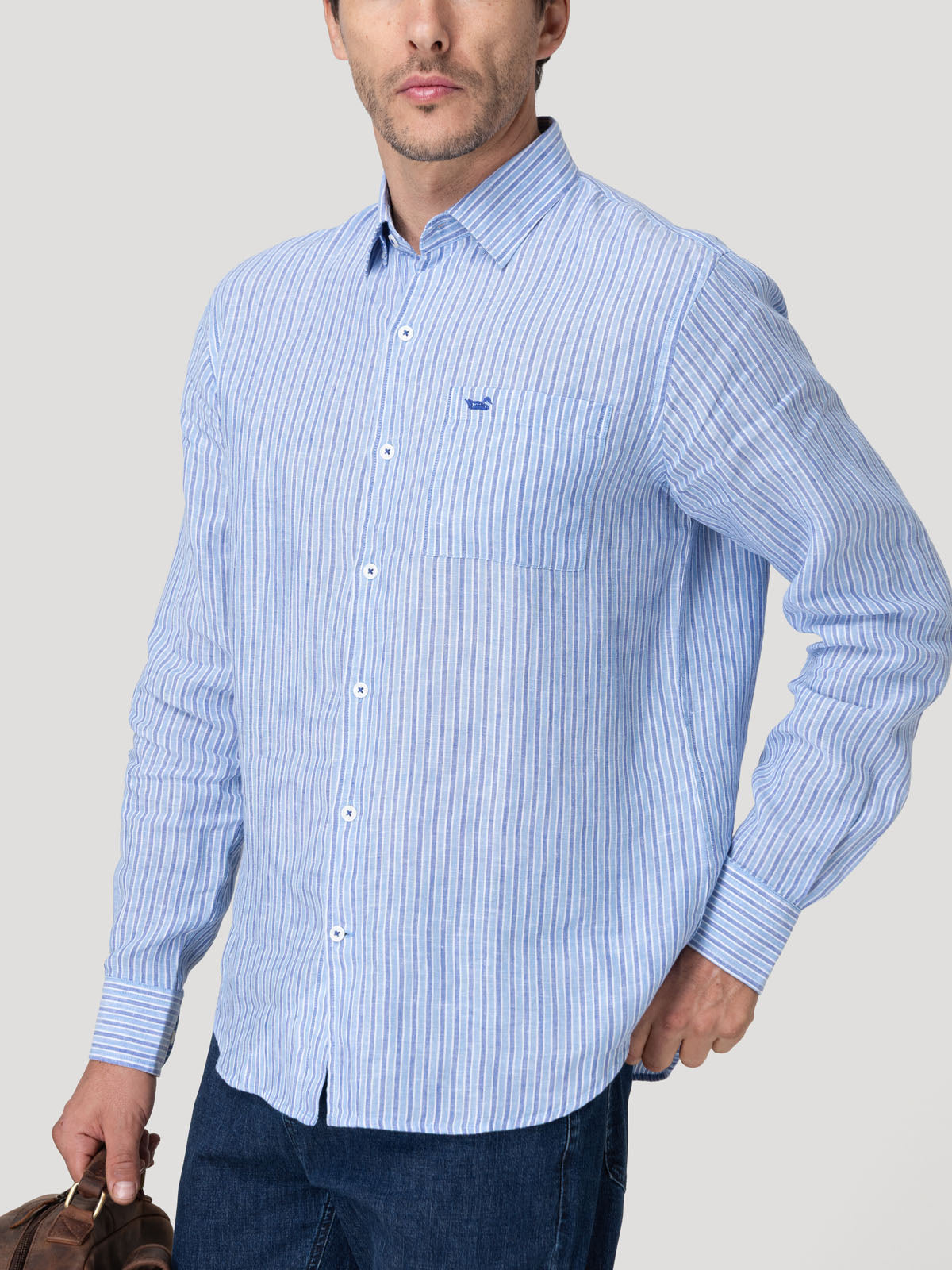 Camisa Lino Orgánico Hombre Linstripe Azul Rockford