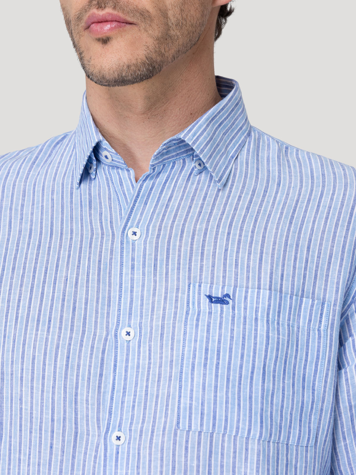 Camisa Lino Orgánico Hombre Linstripe Azul Rockford