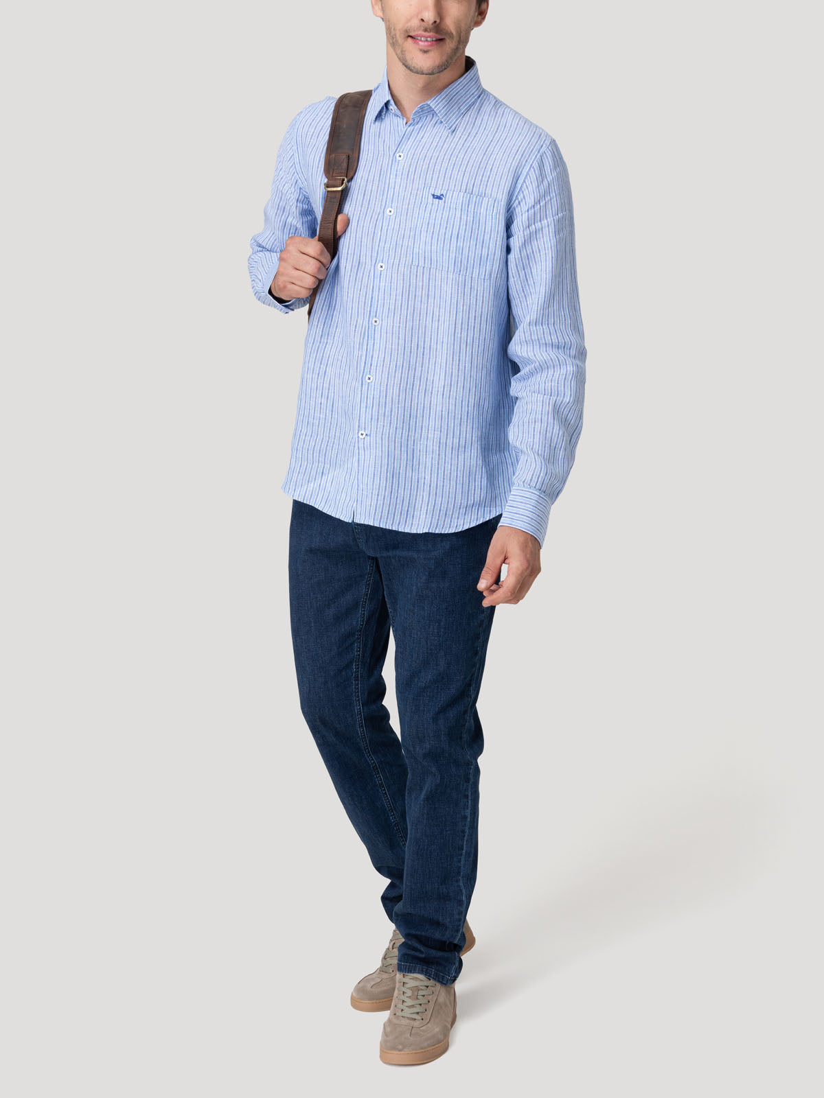 Camisa Lino Orgánico Hombre Linstripe Azul Rockford