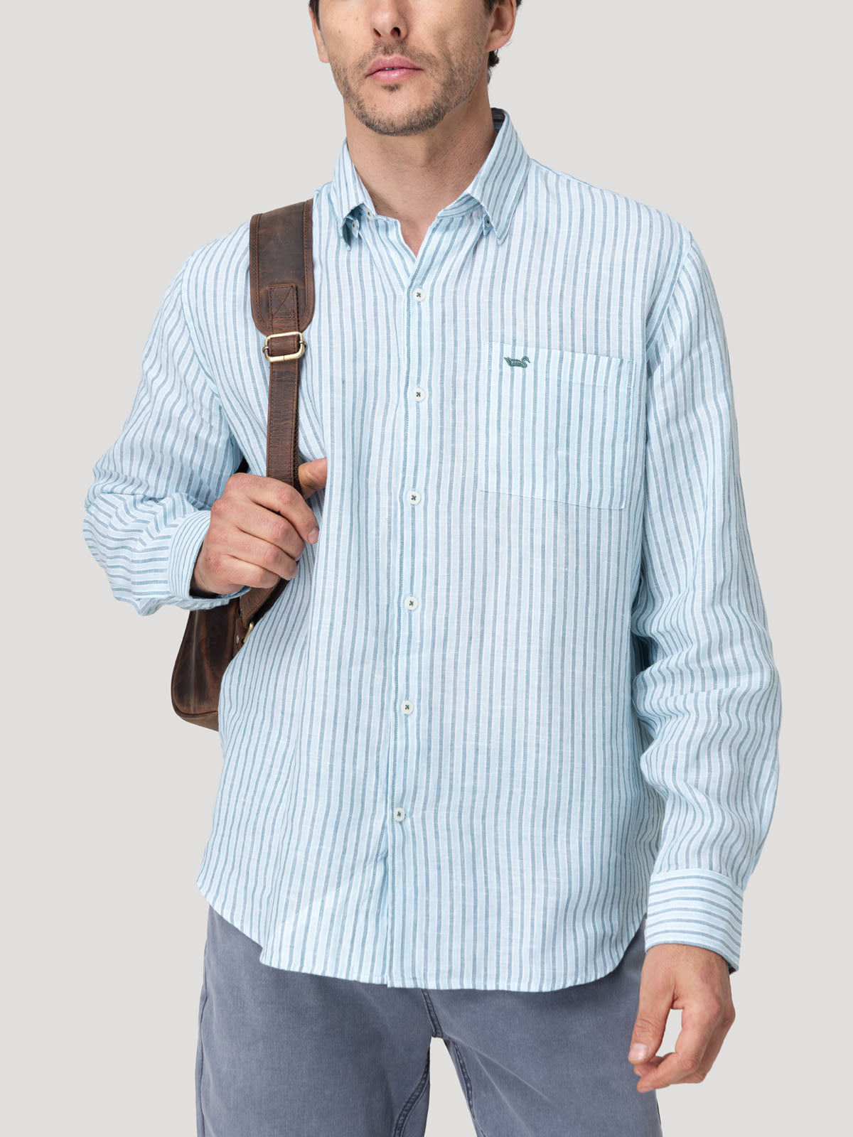 Camisa Lino Orgánico Hombre Linstripe Celeste Rockford