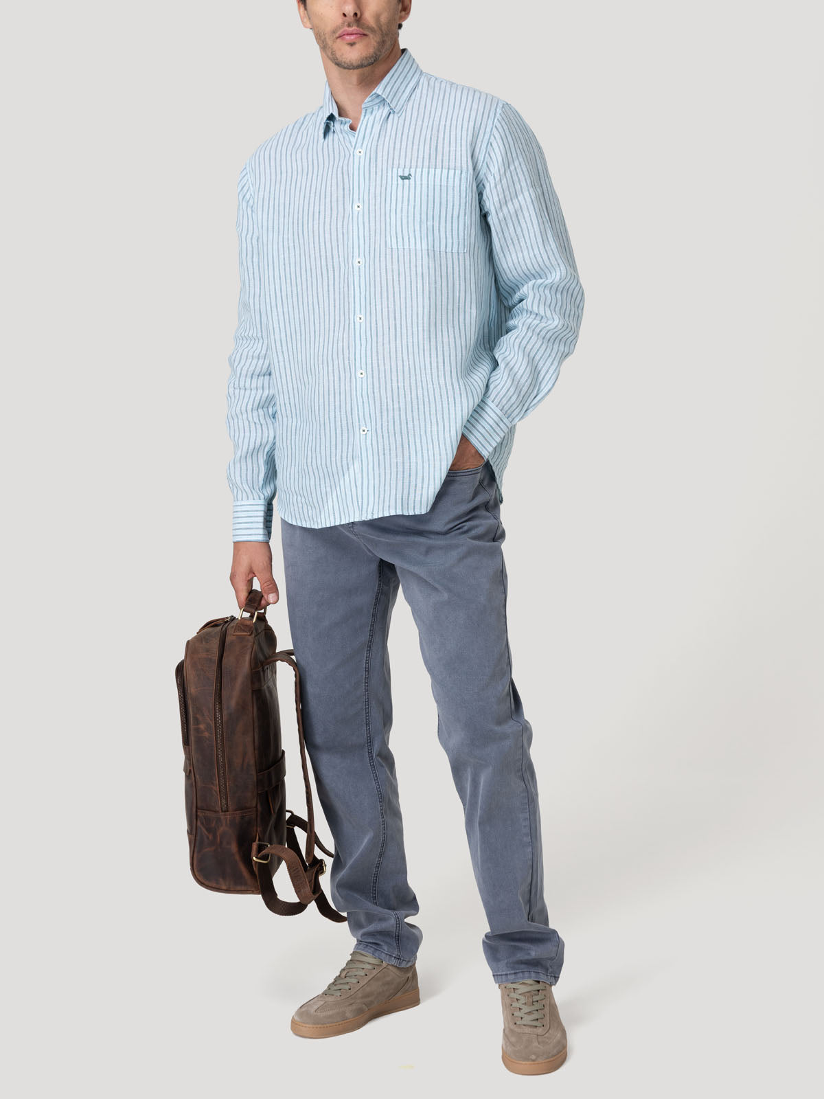 Camisa Lino Orgánico Hombre Linstripe Celeste Rockford
