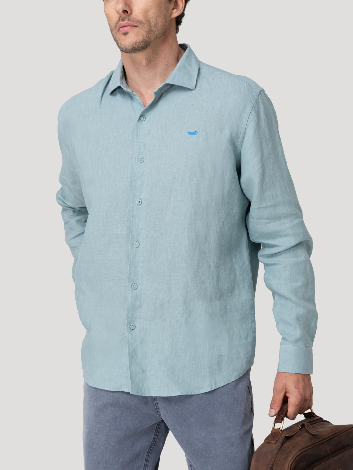 Camisa Lino Orgánico Hombre Linenit Verde Rockford