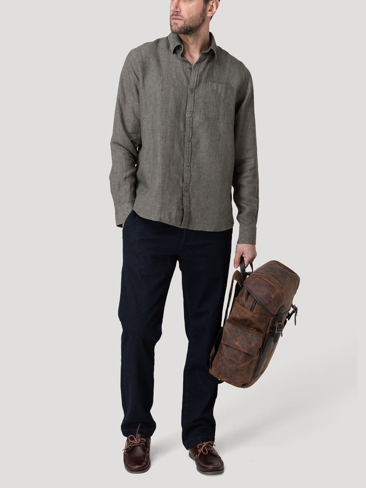 Camisa Lino Orgánico Hombre Claslinen Verde Rockford