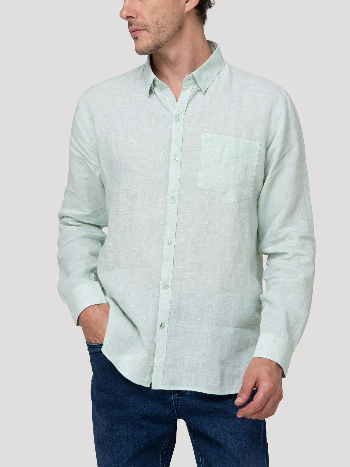 Camisa Lino Orgánico Hombre Linentext Verde Rockford