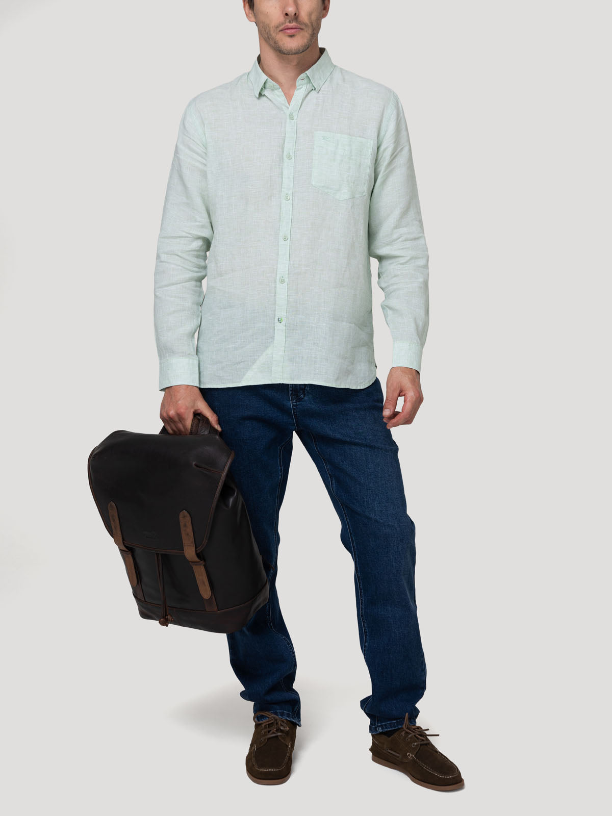 Camisa Lino Orgánico Hombre Linentext Verde Rockford