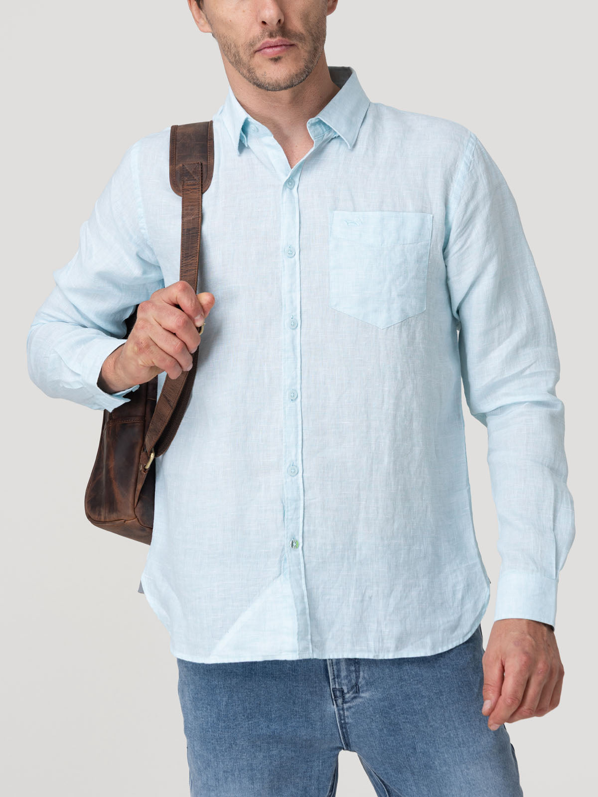 Camisa Lino Orgánico Hombre Linentext Celeste Rockford