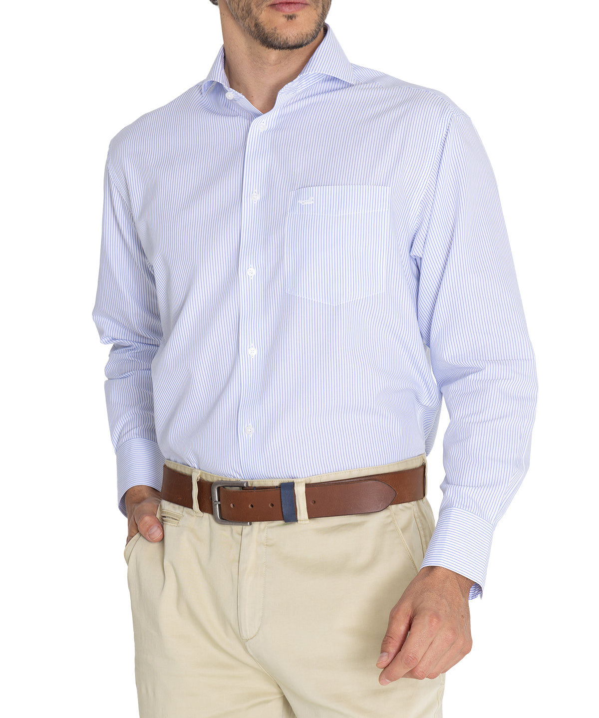 Camisa Libre De Arrugas Hombre WF Cuello Italiano Celeste Rockford