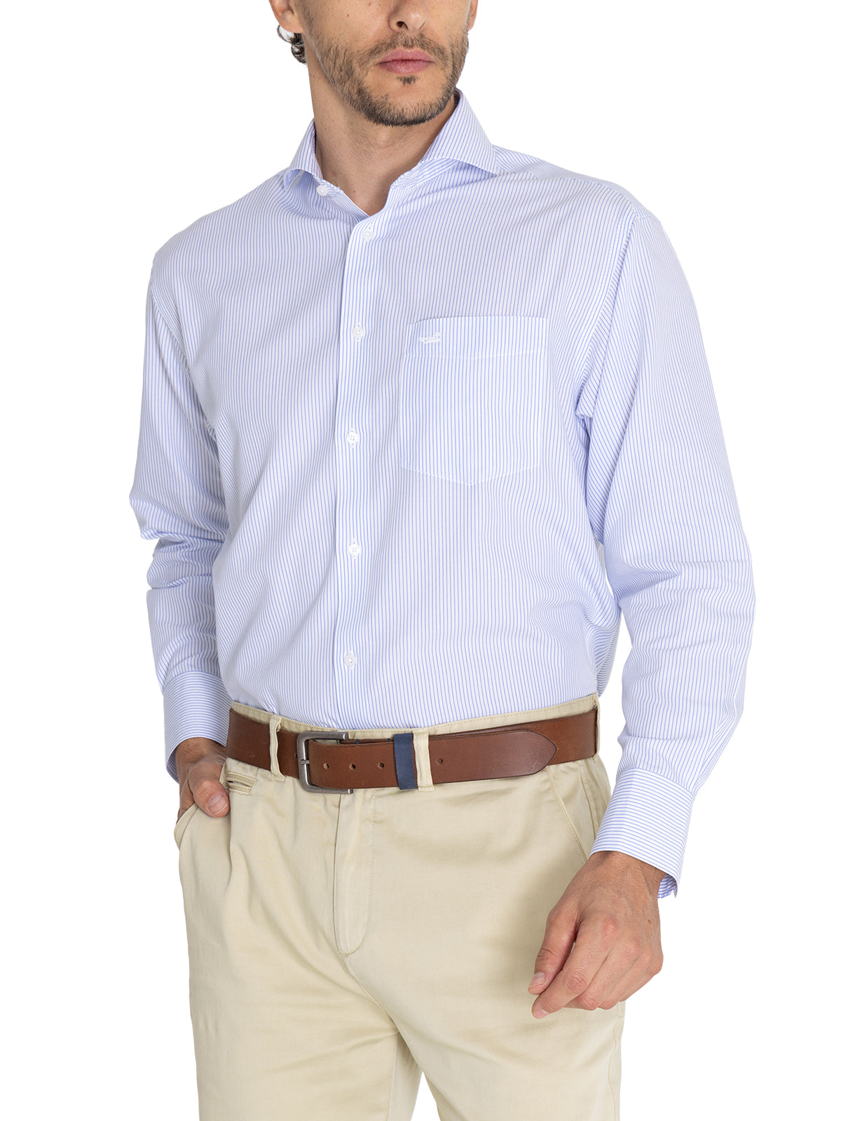 Camisa Libre De Arrugas Hombre WF Cuello Italiano Celeste Rockford