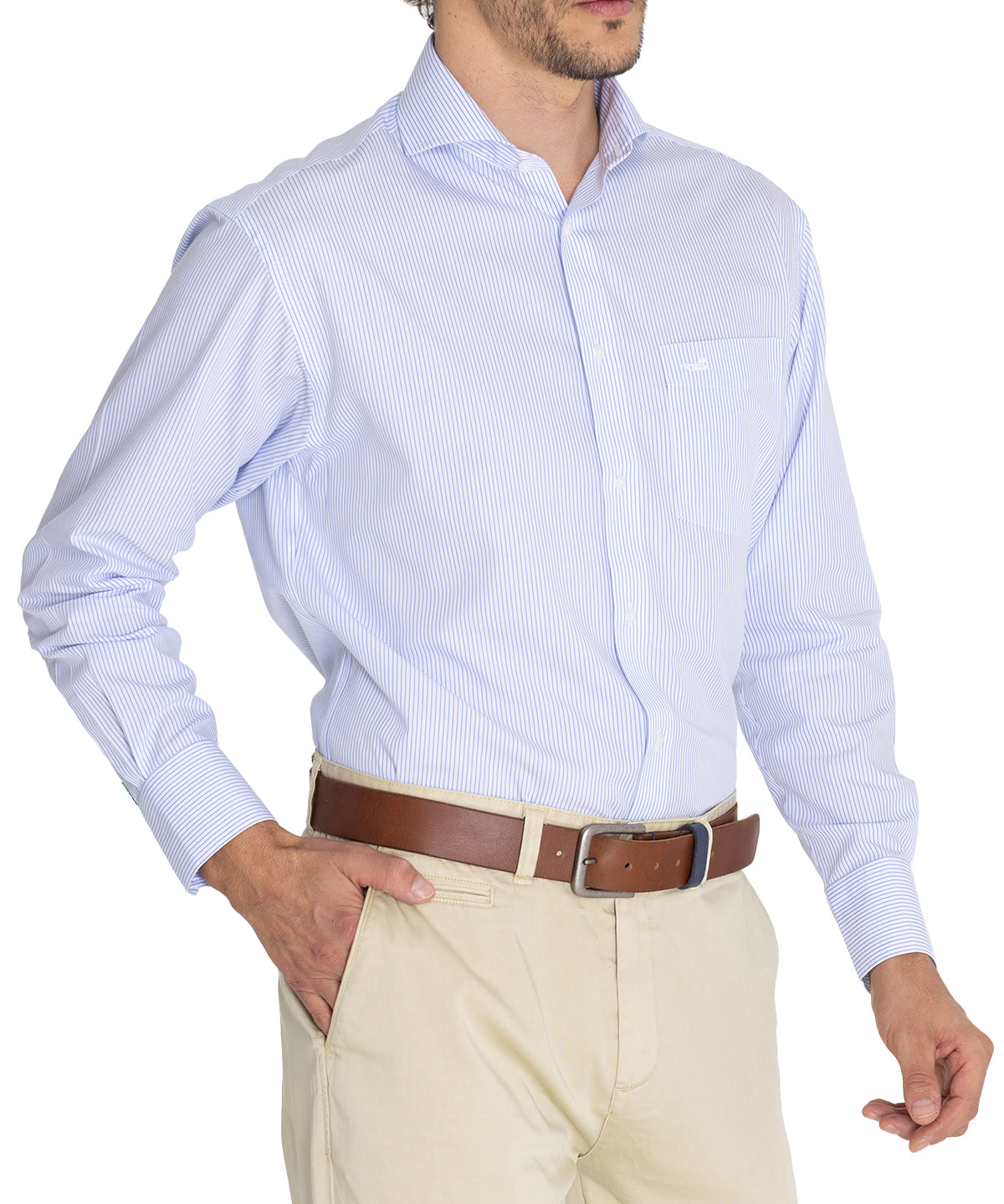 Camisa Libre De Arrugas Hombre WF Cuello Italiano Celeste Rockford