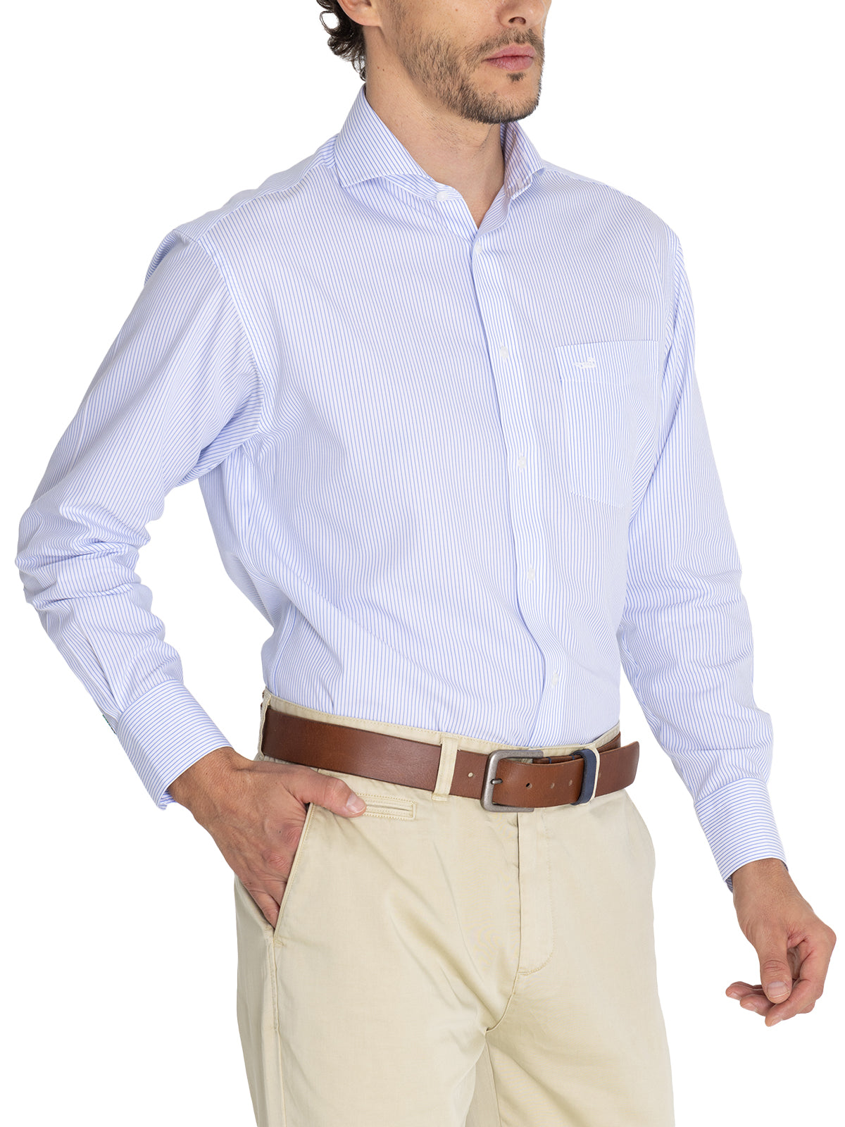 Camisa Libre De Arrugas Hombre WF Cuello Italiano Celeste Rockford