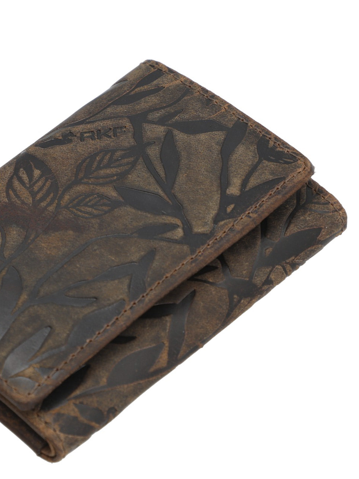 Billetera Cuero Mujer Oh Leaves Trifold Café Rockford