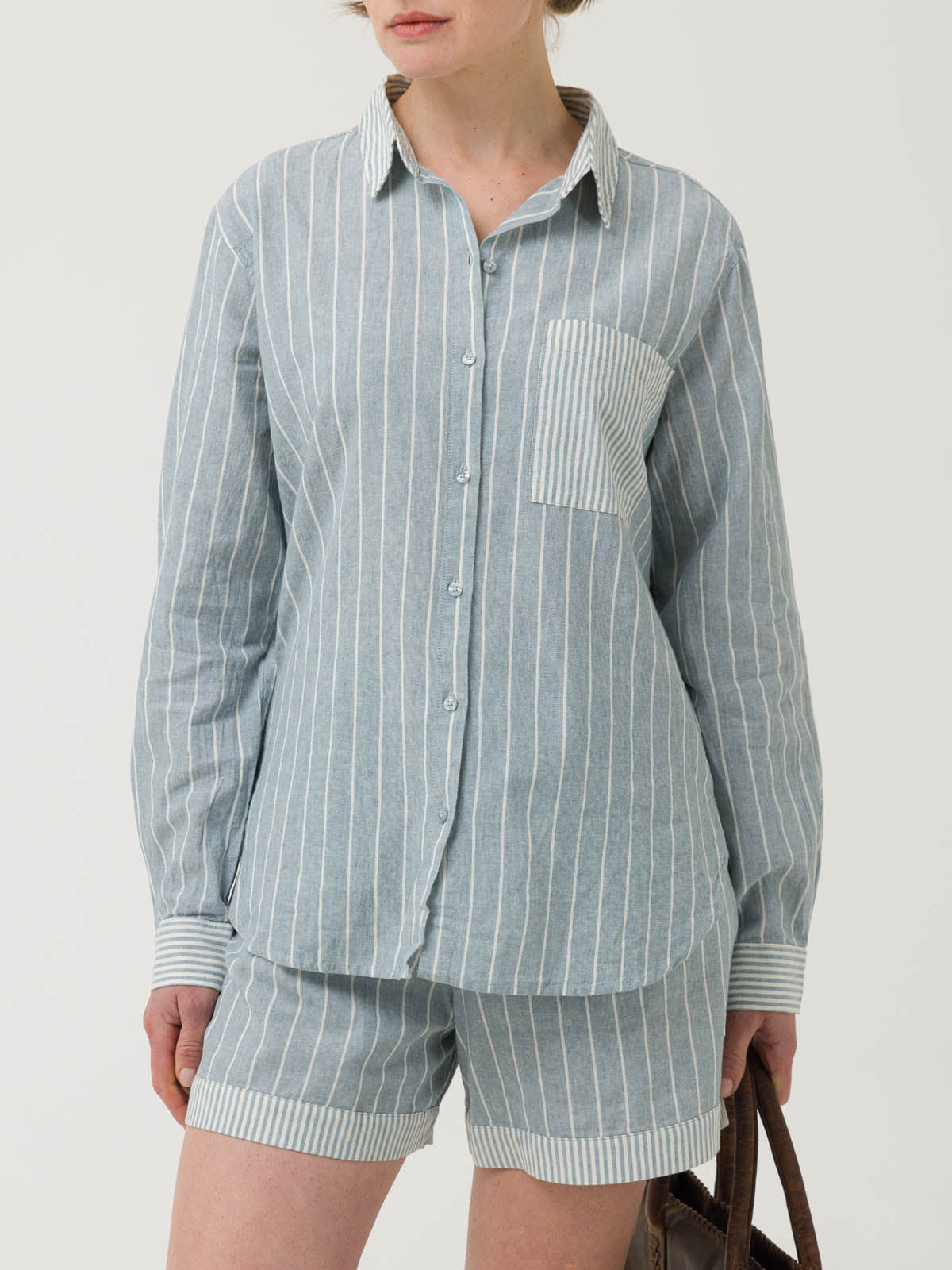 Blusa Lino Orgánico Mujer Lines Celeste Rockford